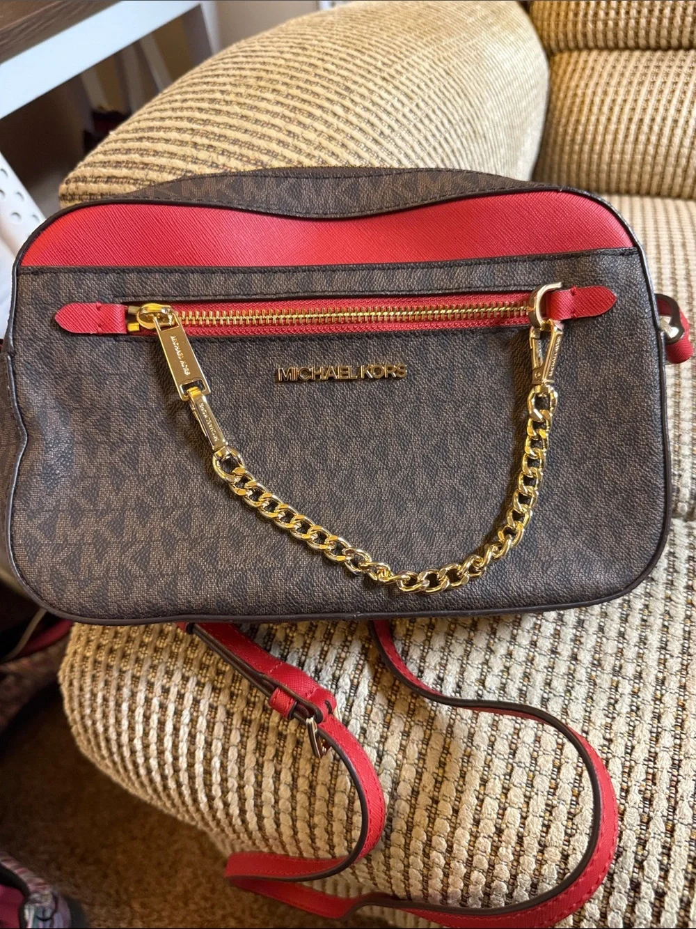 Michael Kors Brown Logo Crossbody with Red Trim and Gold Chain